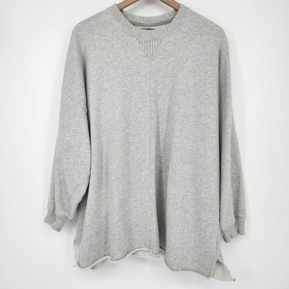 Aerie Gray Cozy Crewneck Sweatshirt Womens Large Oversized Distressed Raw Hem - Picture 2 of 10